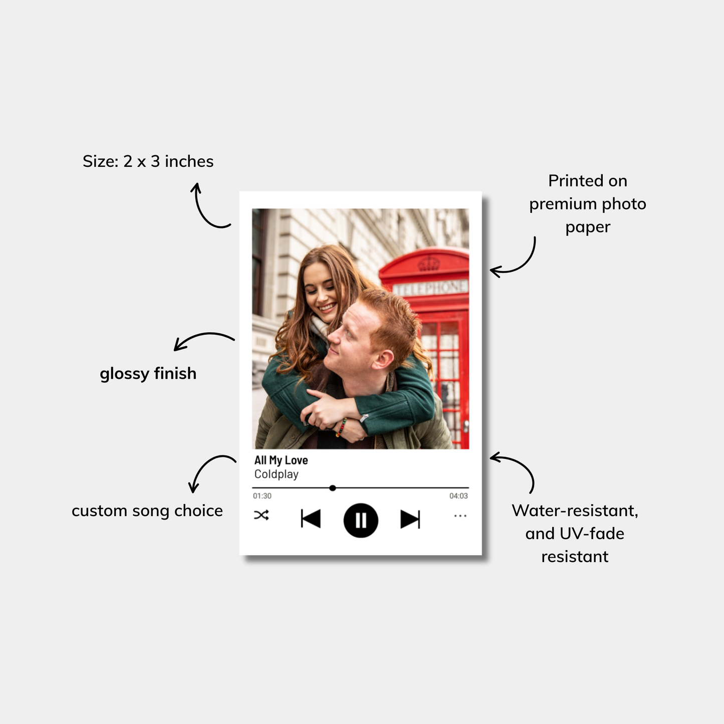 Product display with text describing features like size, finish, and song choice on a white background.