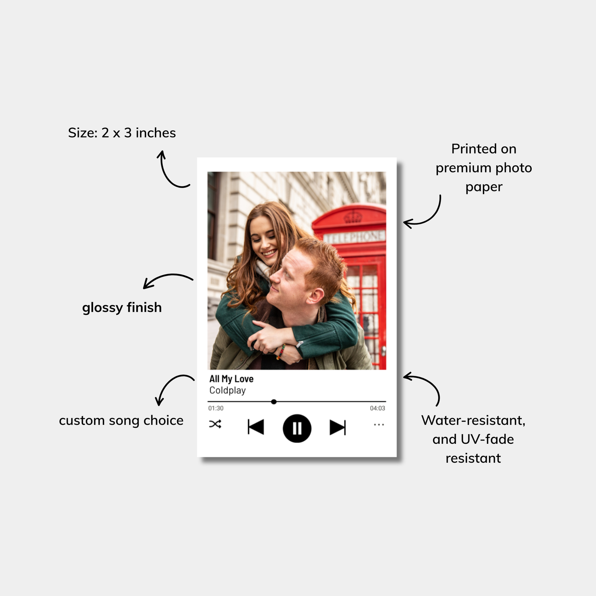 Product display with text describing features like size, finish, and song choice on a white background.