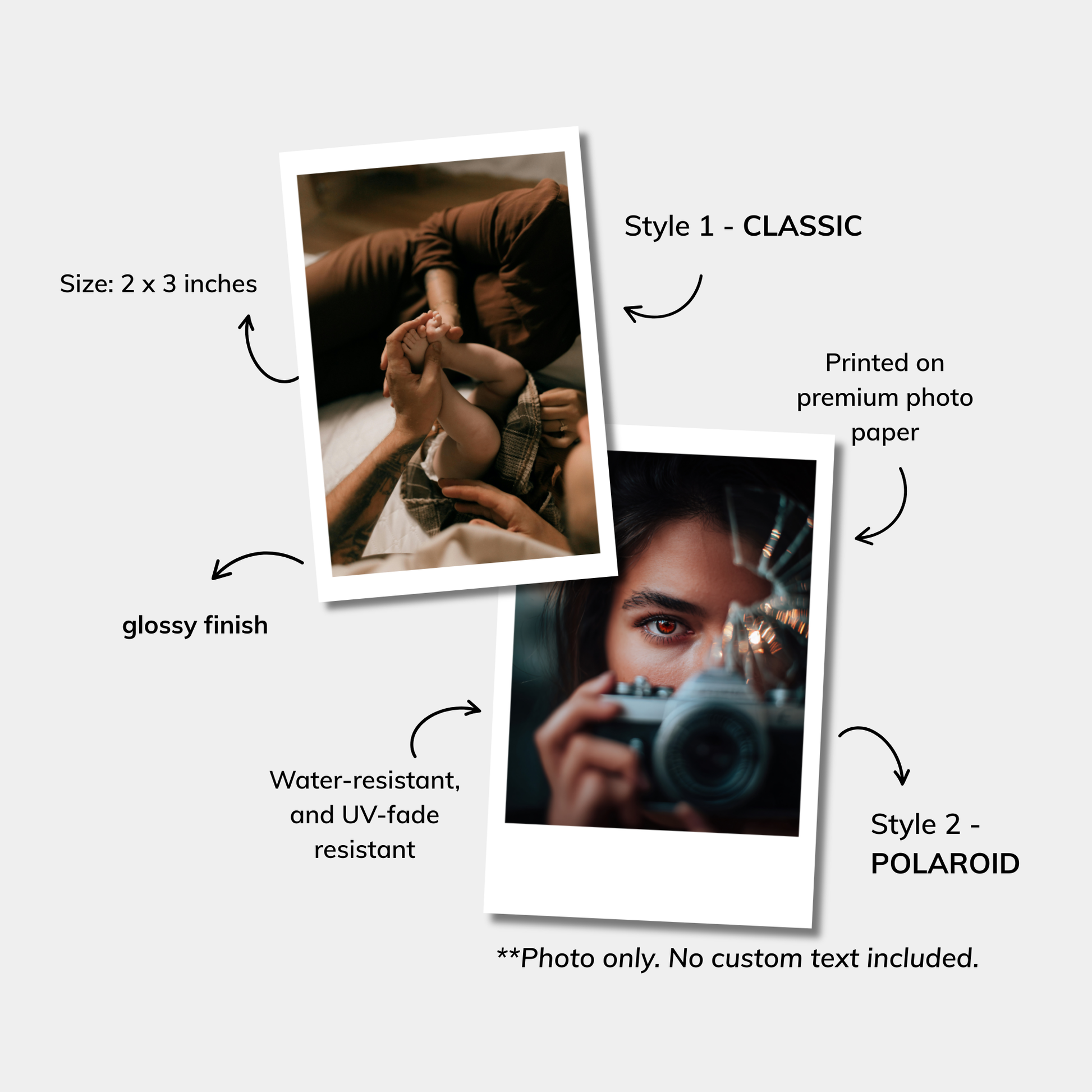 Two photo prints with text describing features and styles on a white background