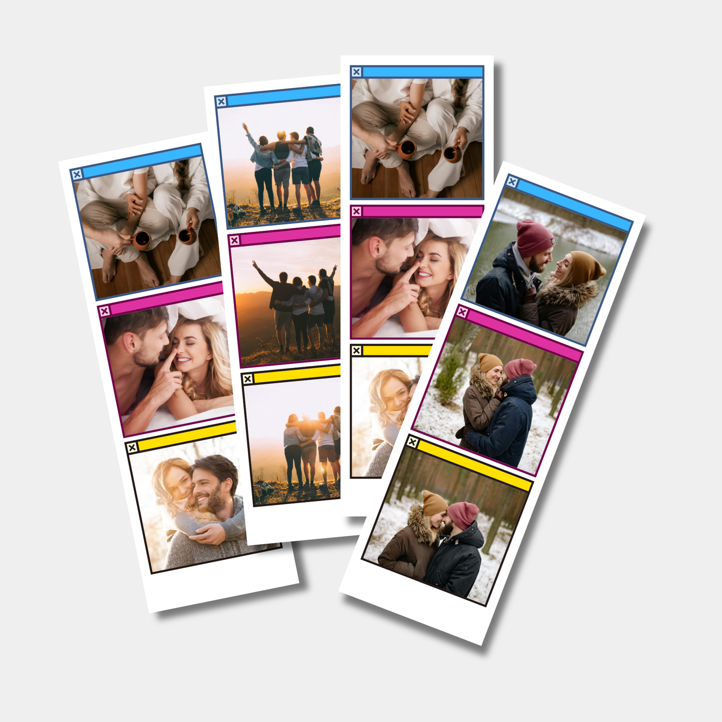 Photo booth style with various images on white background