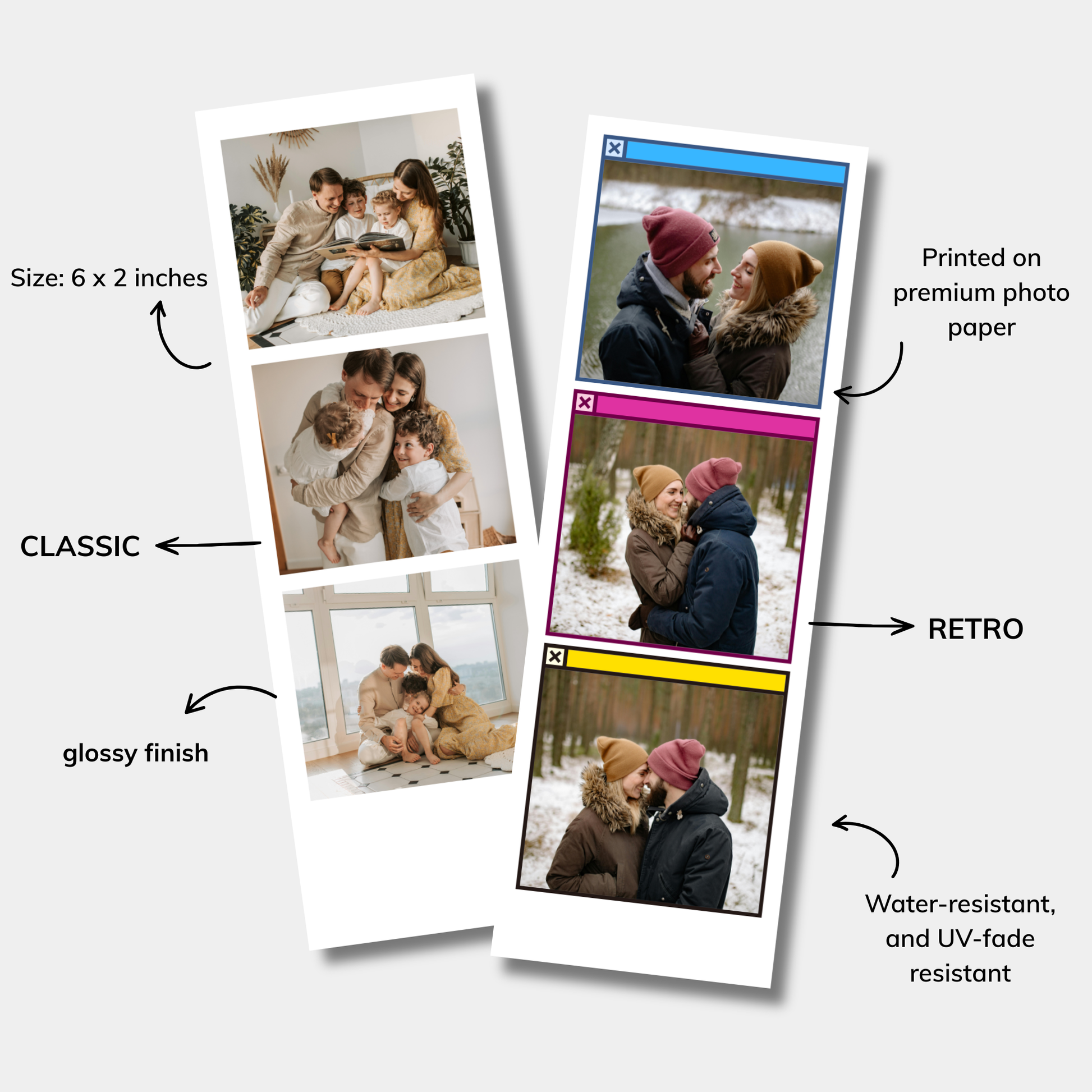 Two types of photo prints labeled 'Classic' and 'Retro', on a white background.