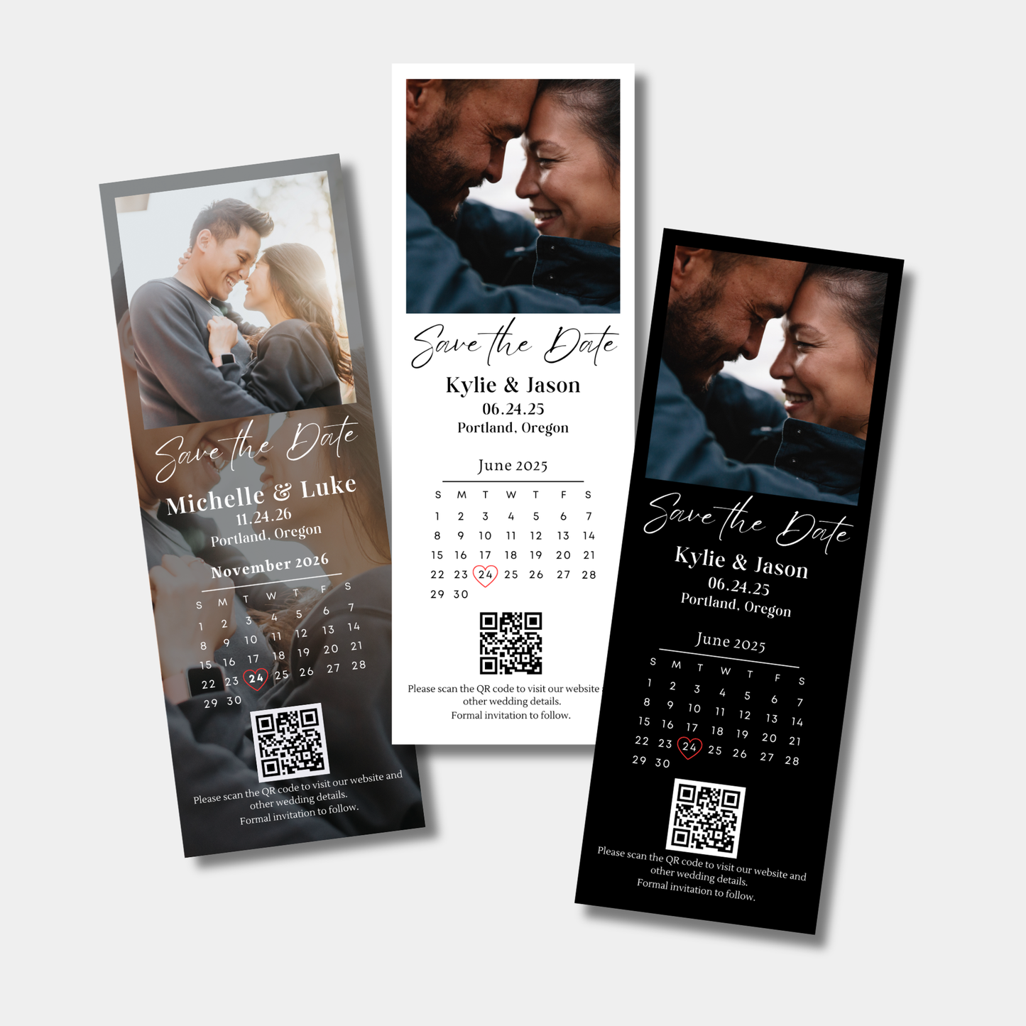 Three 'Save the Date' cards with a photo and calendar design on a light gray background.