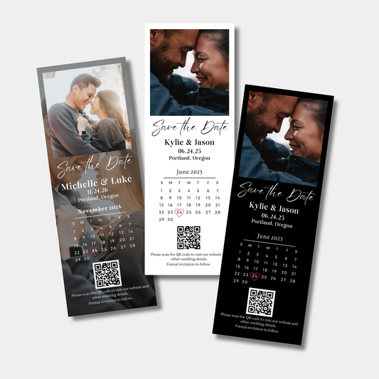 Three 'Save the Date' cards with a photo and calendar design on a light gray background.