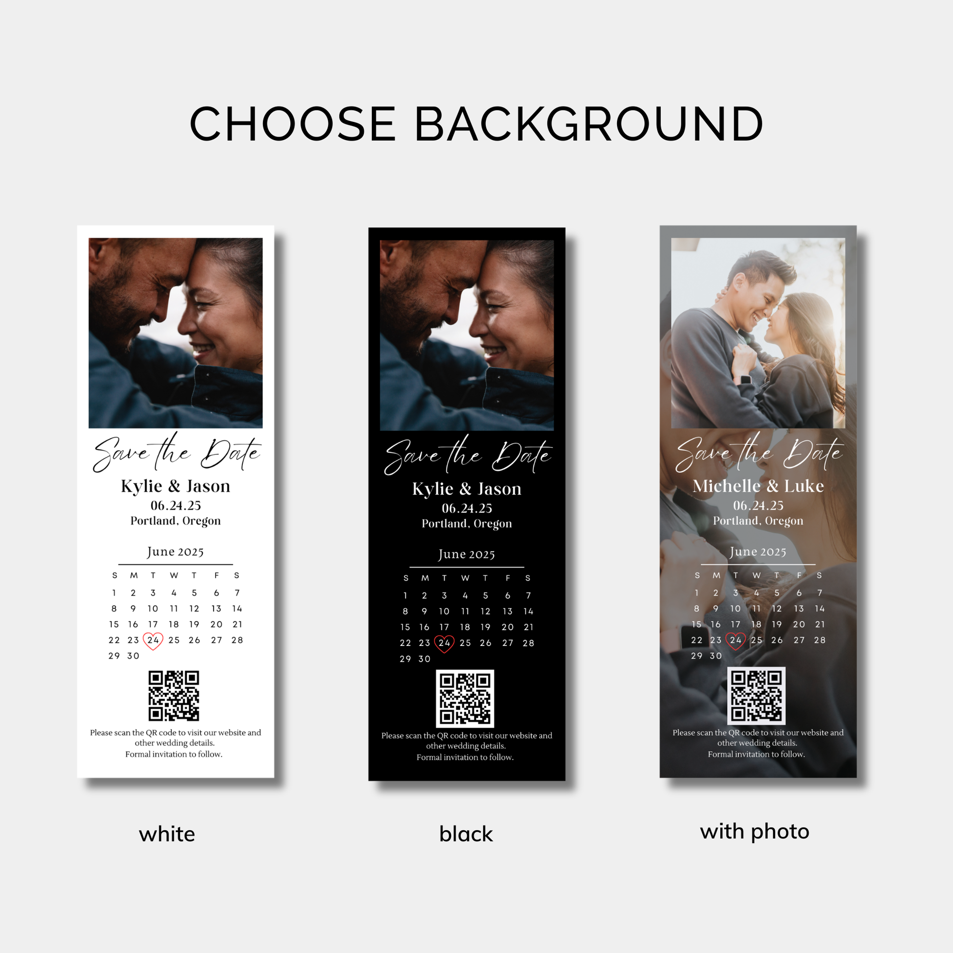 Three 'Save the Date' cards with different backgrounds displayed on a white background.