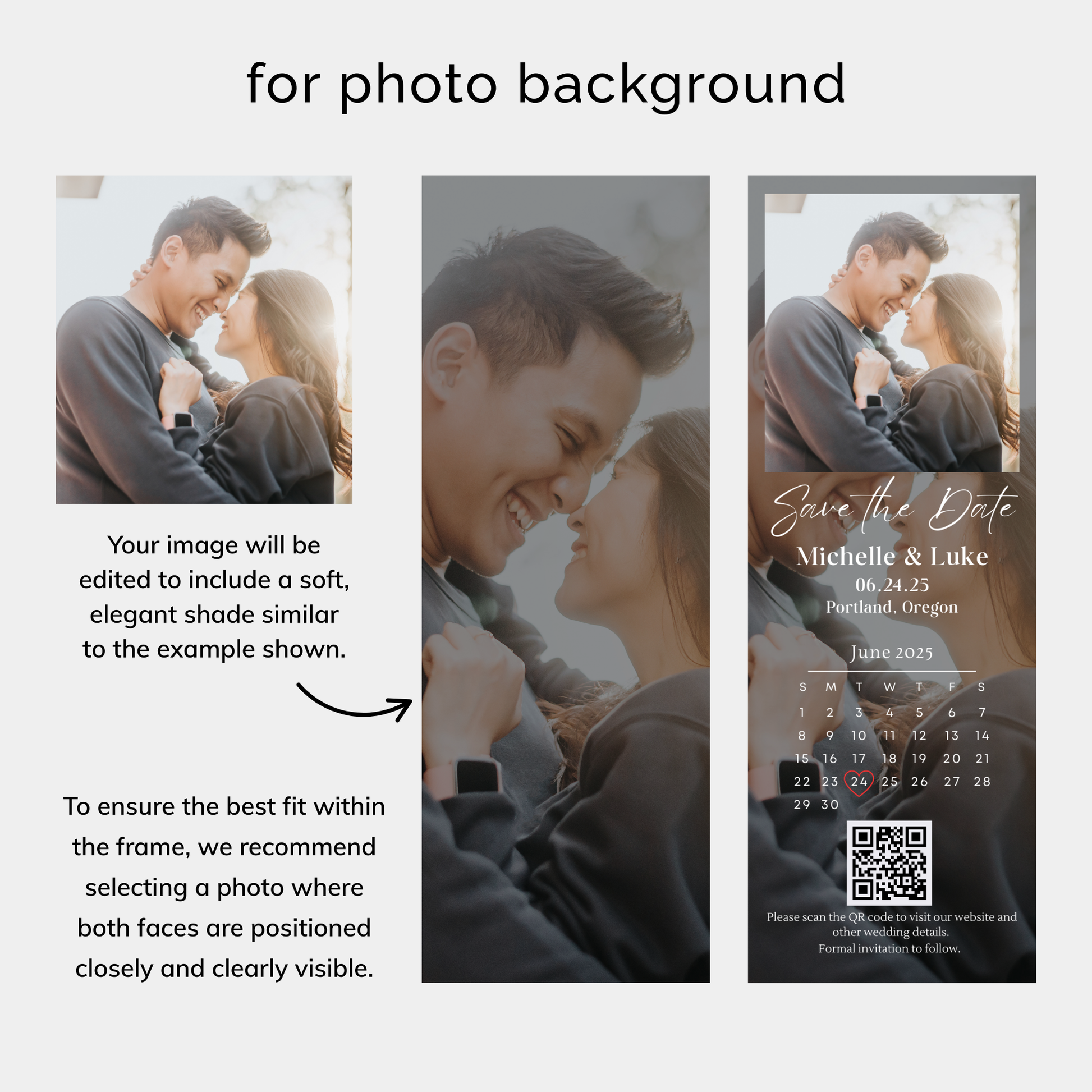 Design template for a 'Save the Date' card with a couple embracing, featuring text and a QR code.
