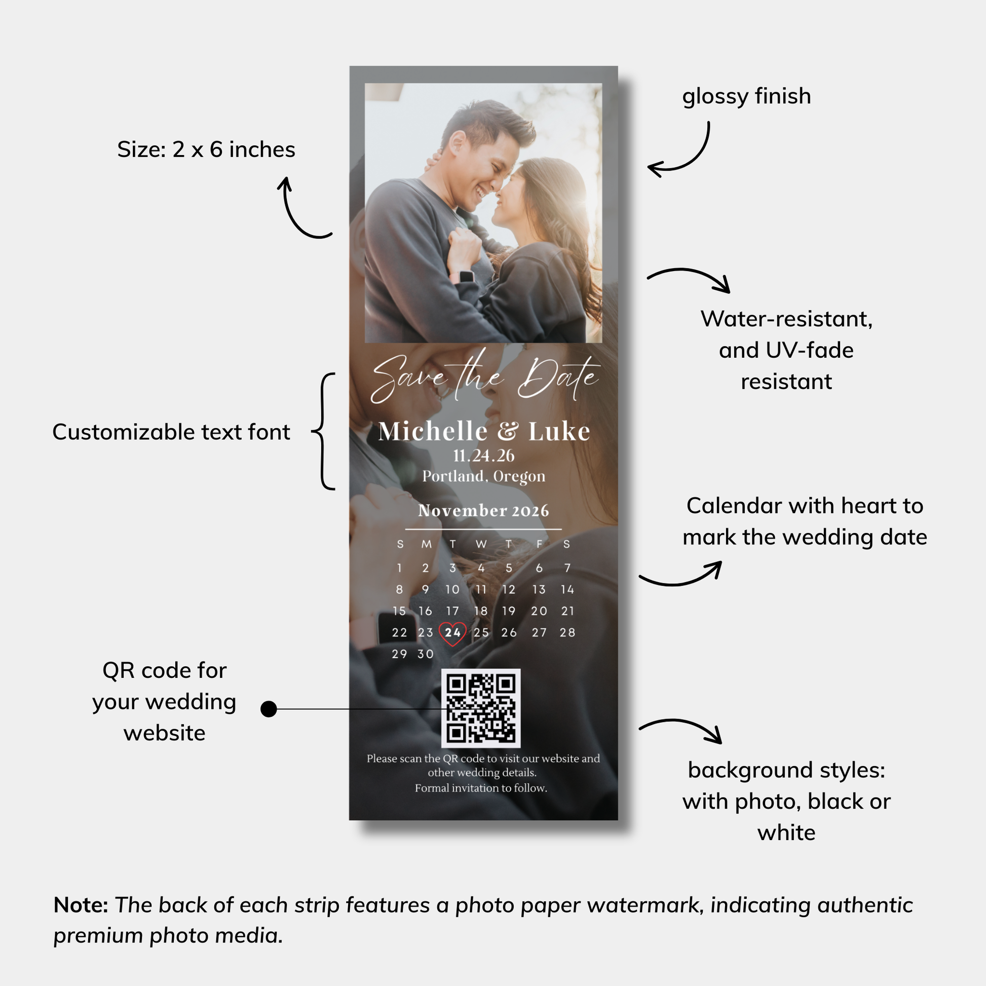 Save the Date card with customizable text, QR code, and calendar on a white background