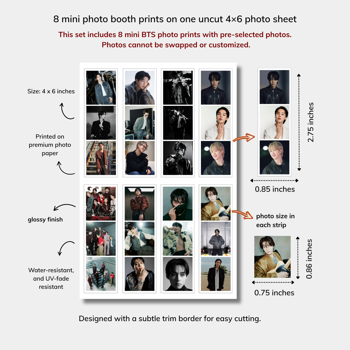 8 mini photo booth prints on a 4x6 photo sheet with dimensions and features listed.