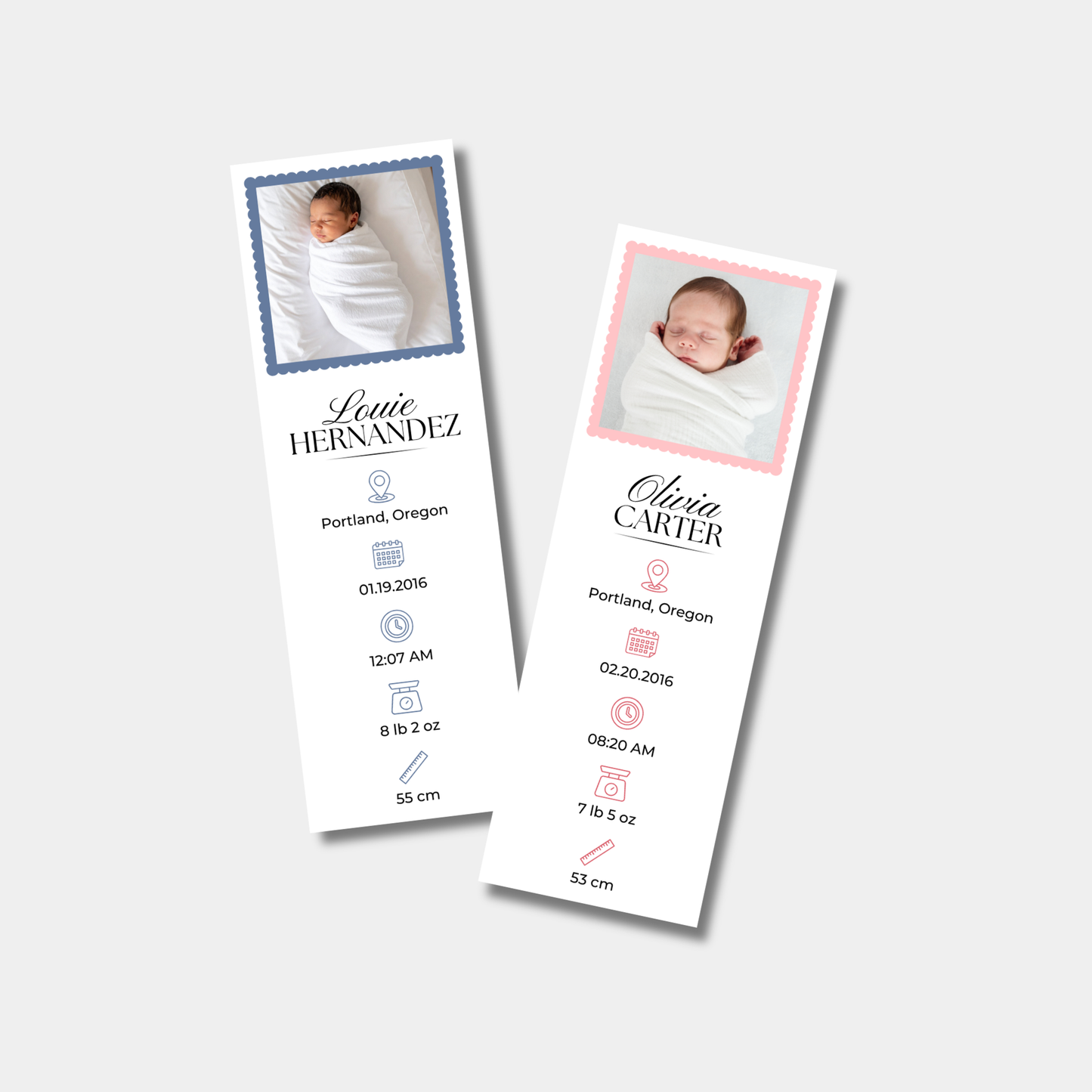 Two baby milestone photo strip with photos and details on a white background