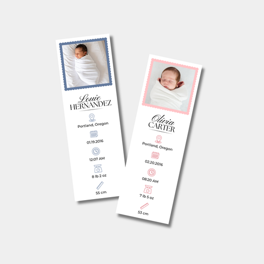 Two baby milestone photo strip with photos and details on a white background