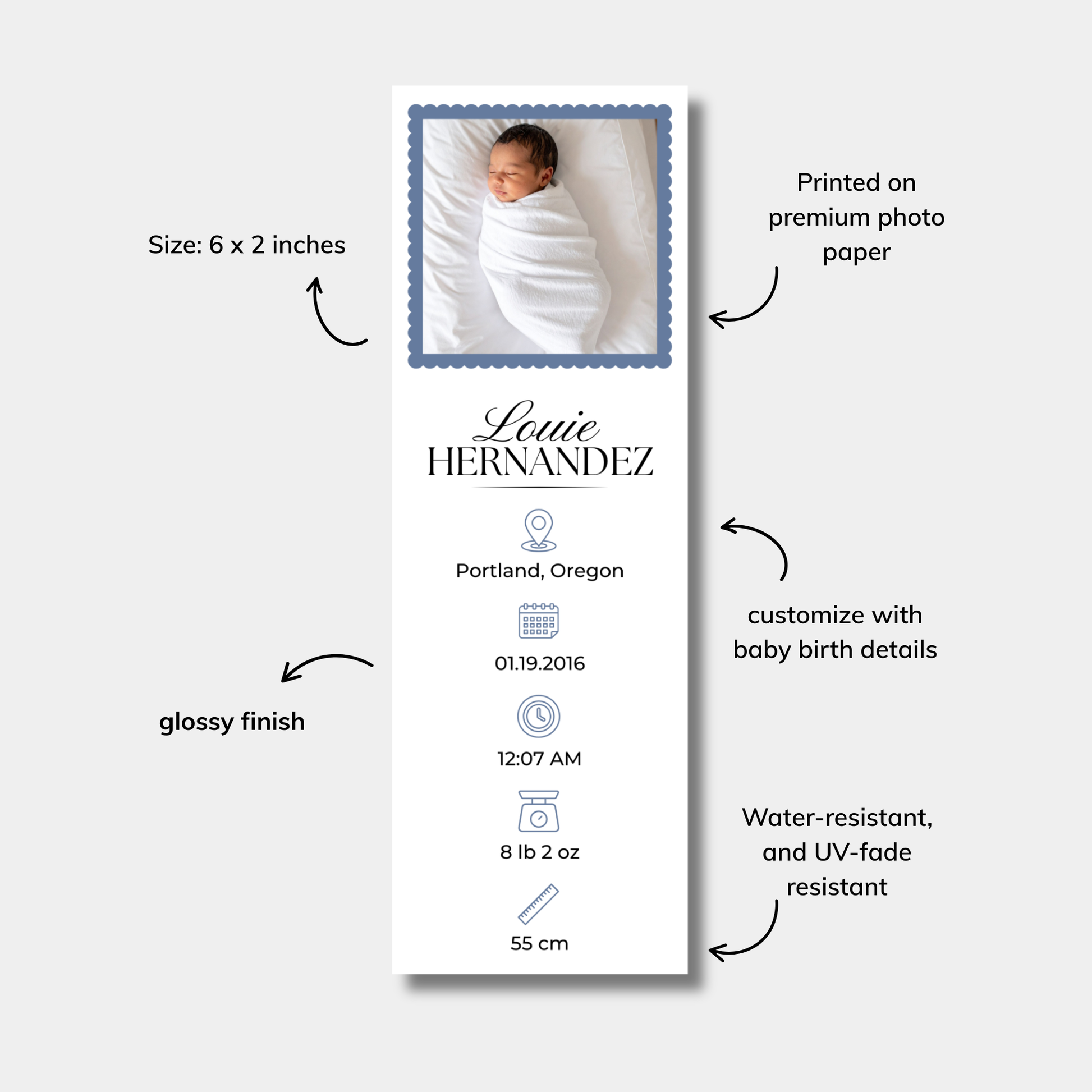 Product packaging for a baby photo print with details on size, finish, and customization options.