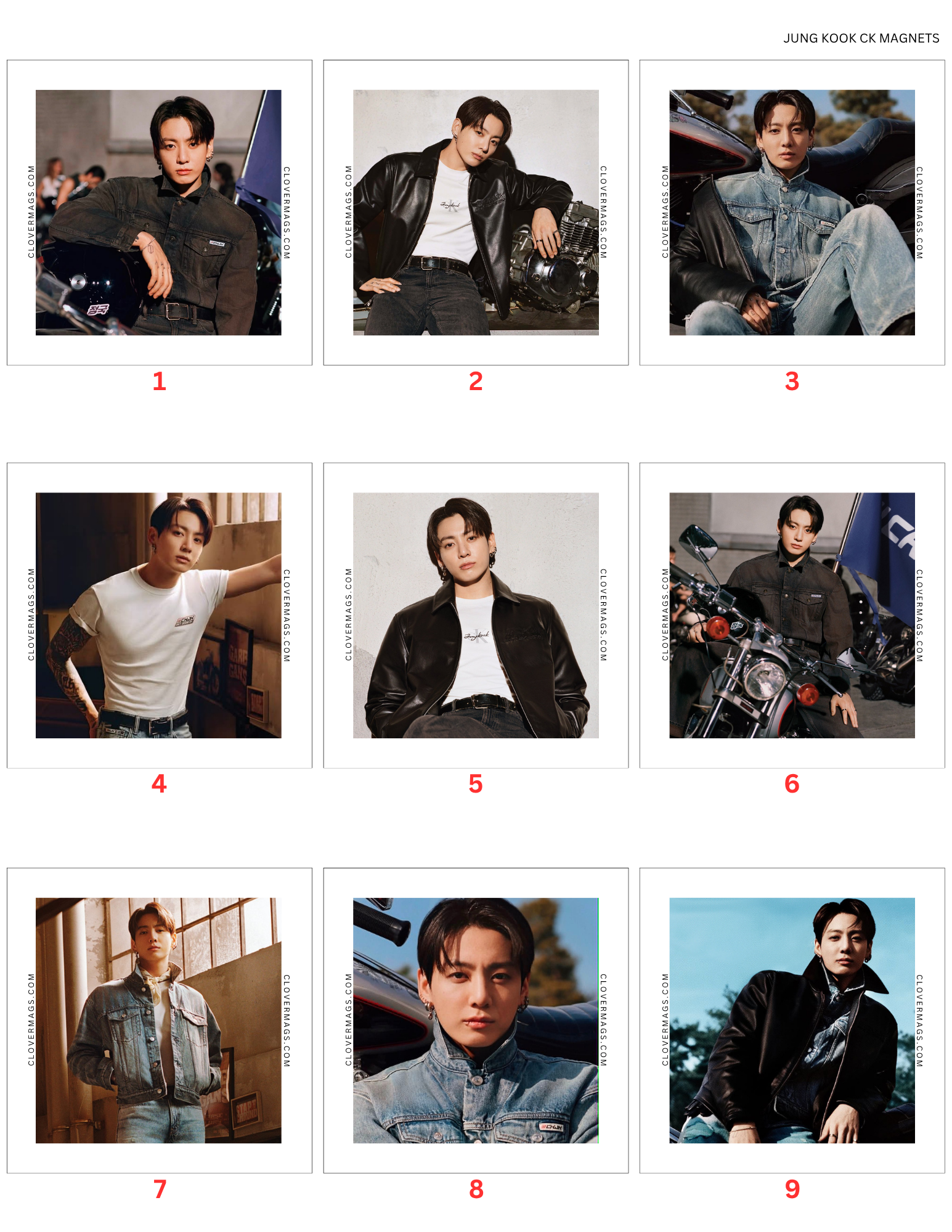 Nine photo cards featuring a person in various poses with different outfits.