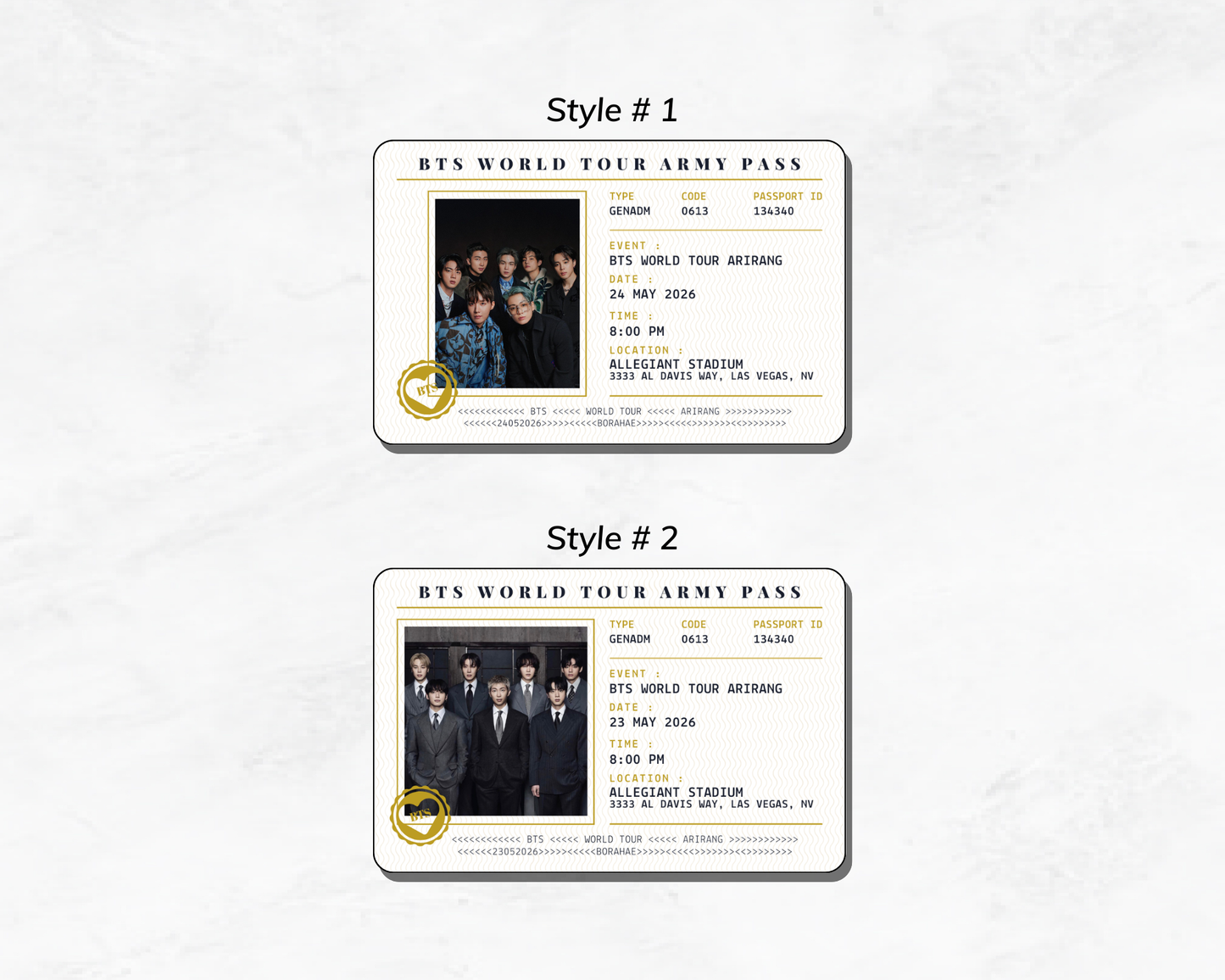 Two designs of BTS World Tour Army Passes on a white background