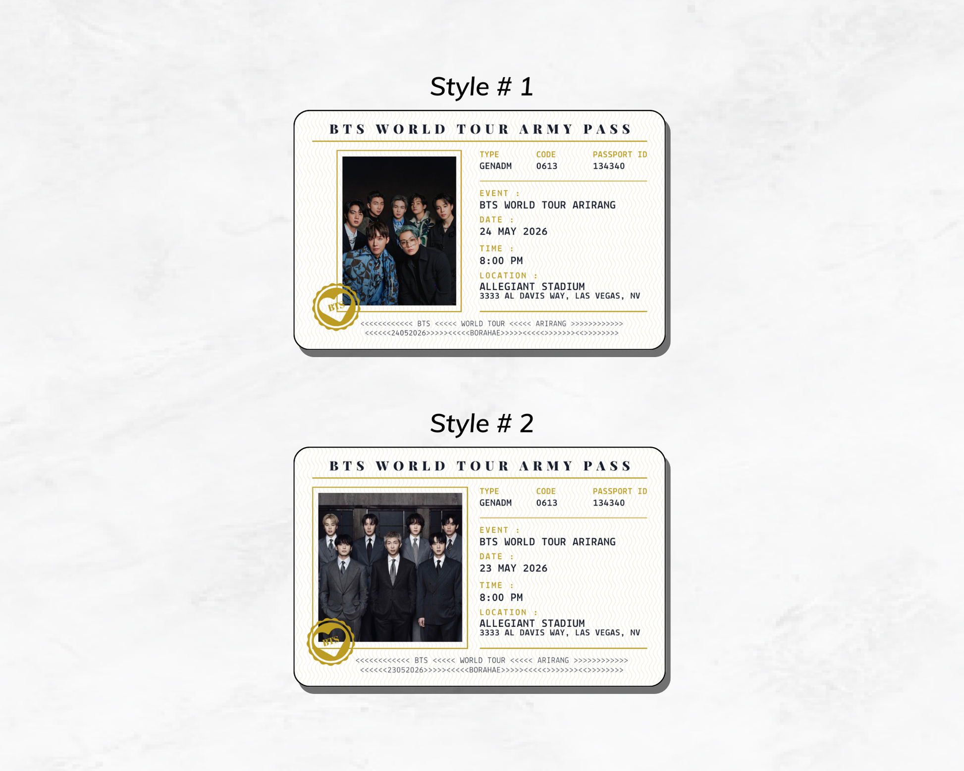 Two designs of BTS World Tour Army Passes on a white background