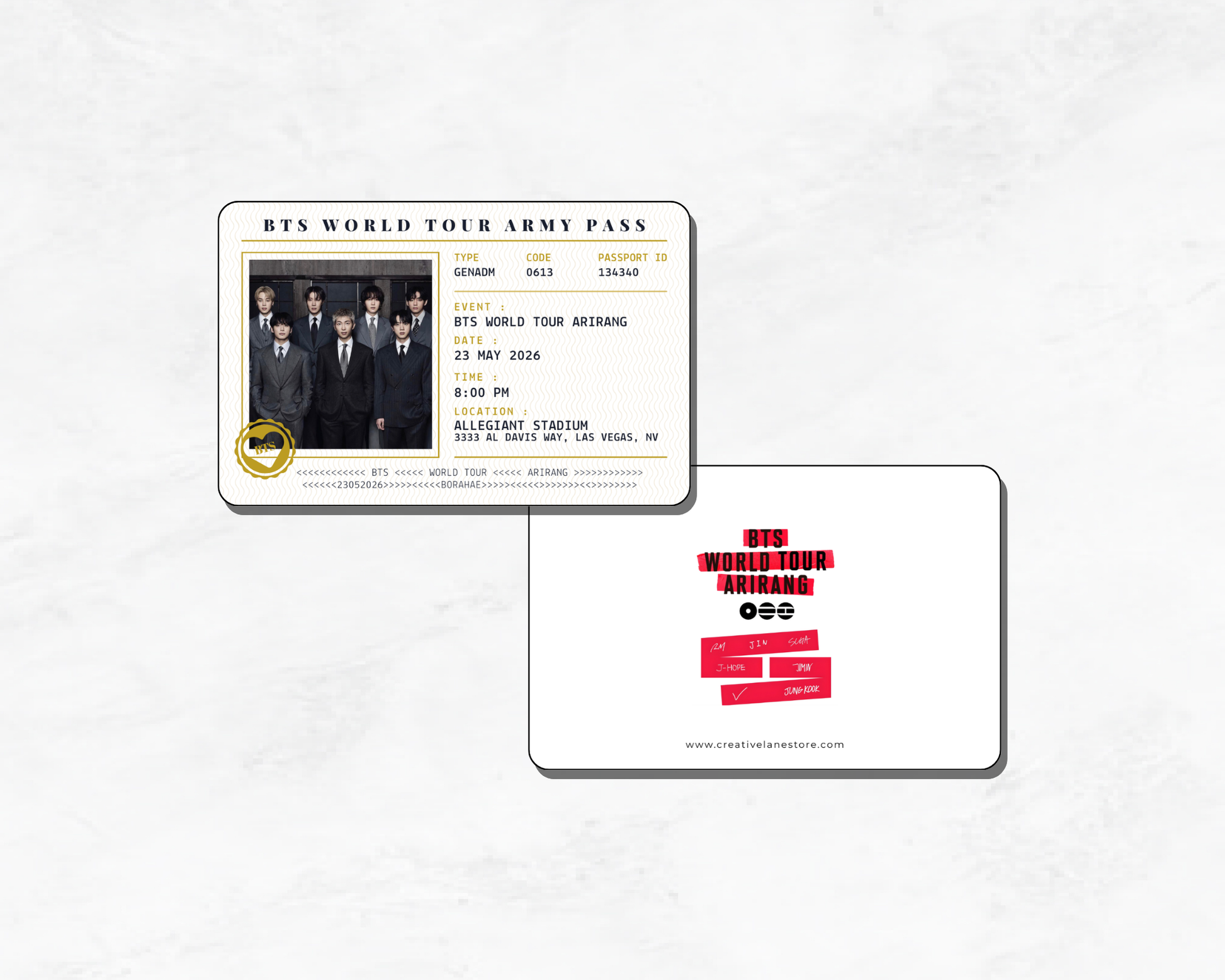 BTS World Tour Army Pass with concert details on a white background