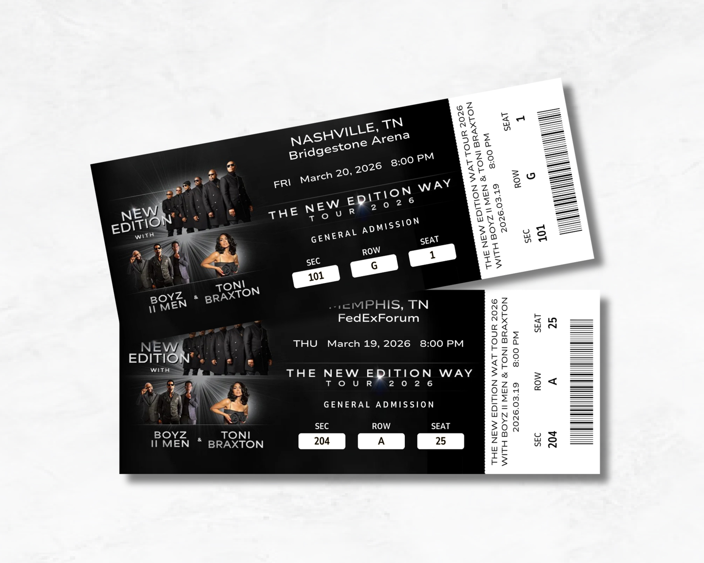 Two concert tickets for The New Edition Way Tour 2026 on a light gray background.