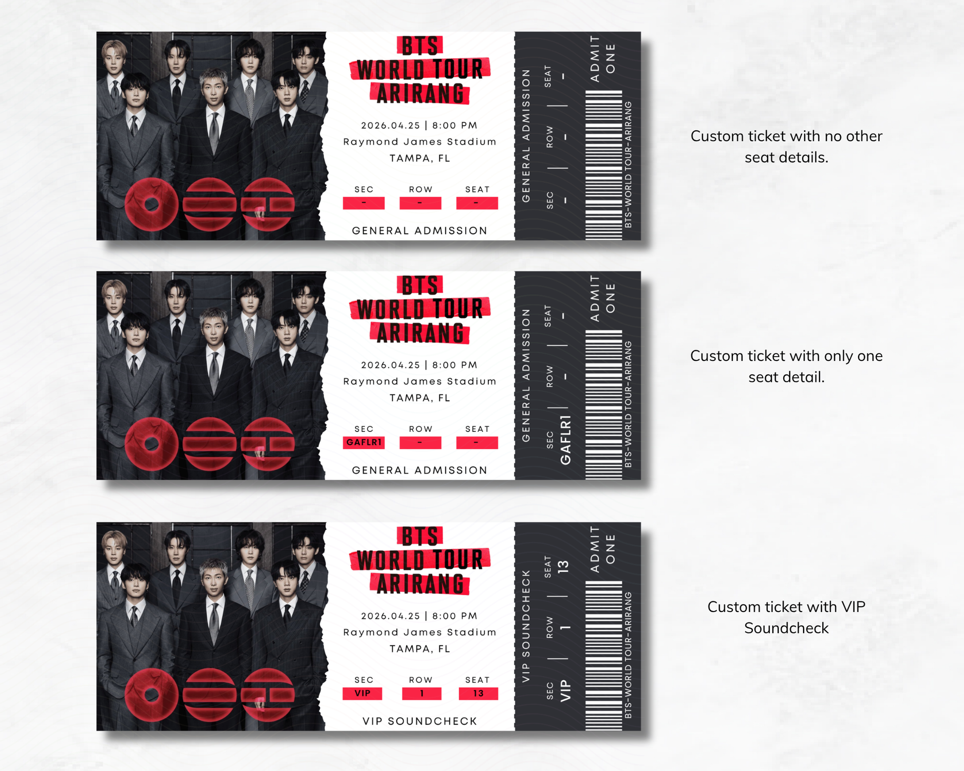 Three customizable concert tickets with different details on a white background