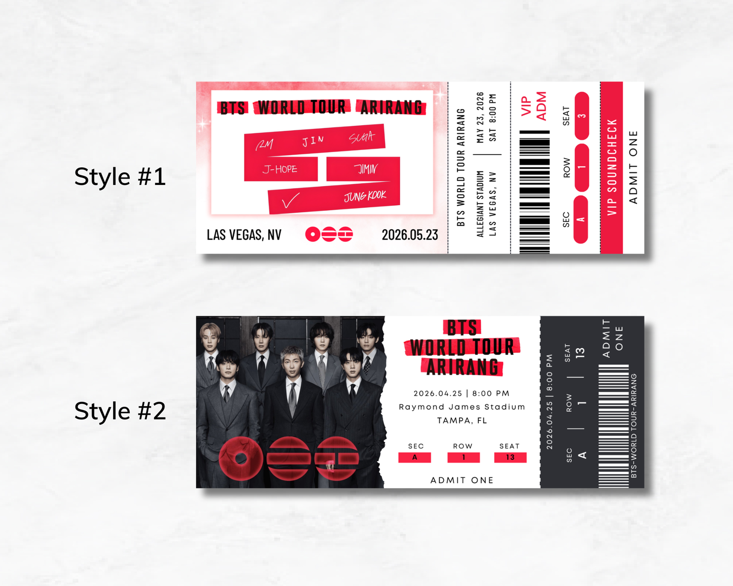 Two concert tickets for BTS World Tour on a white background.