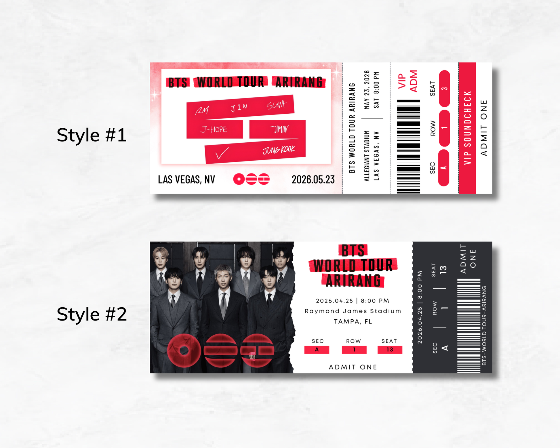 Two concert tickets for BTS World Tour on a white background.
