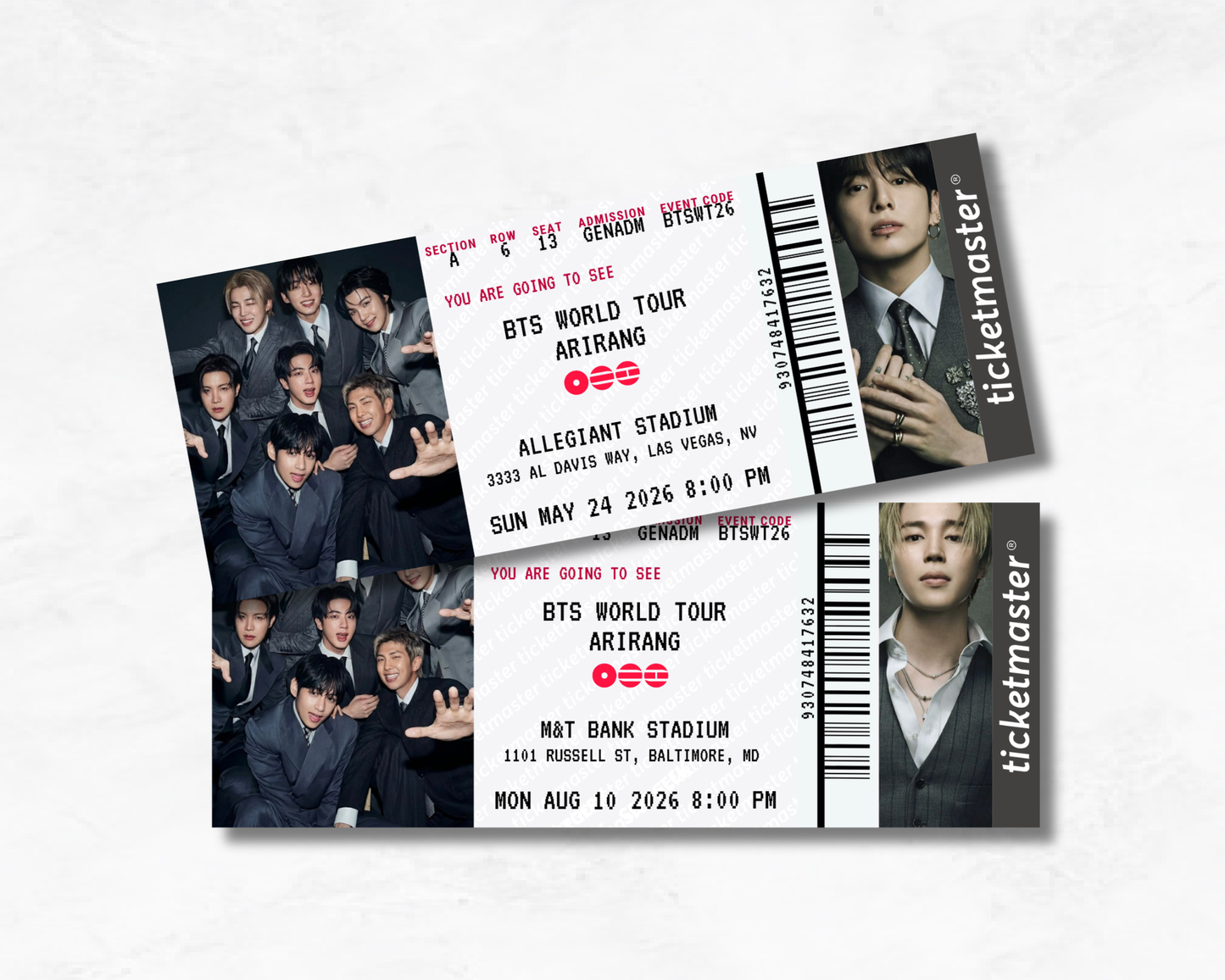 Two concert tickets for BTS World Tour Arirang with images of the band members on a white background.