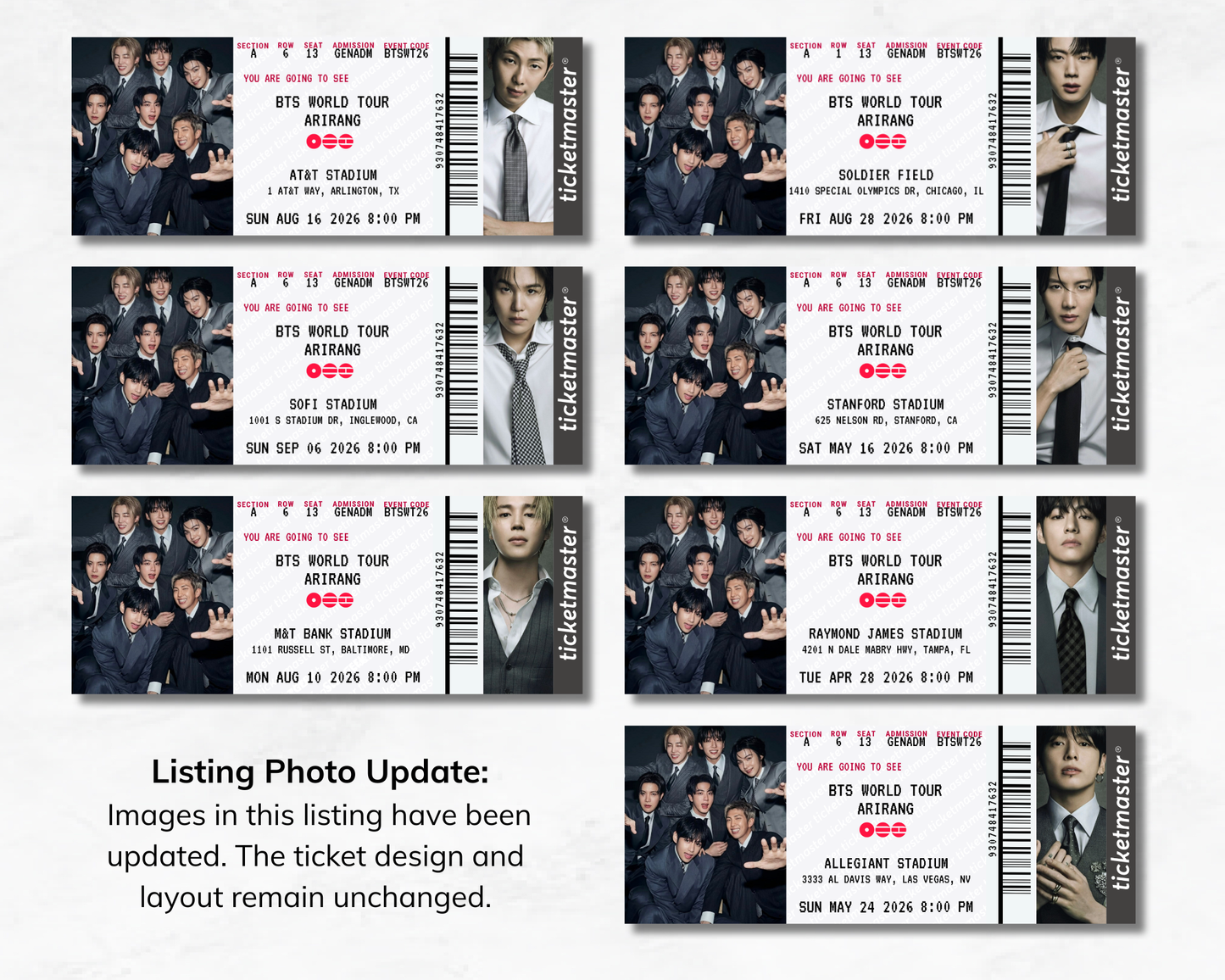 Multiple concert tickets with BTS members' images and event details.