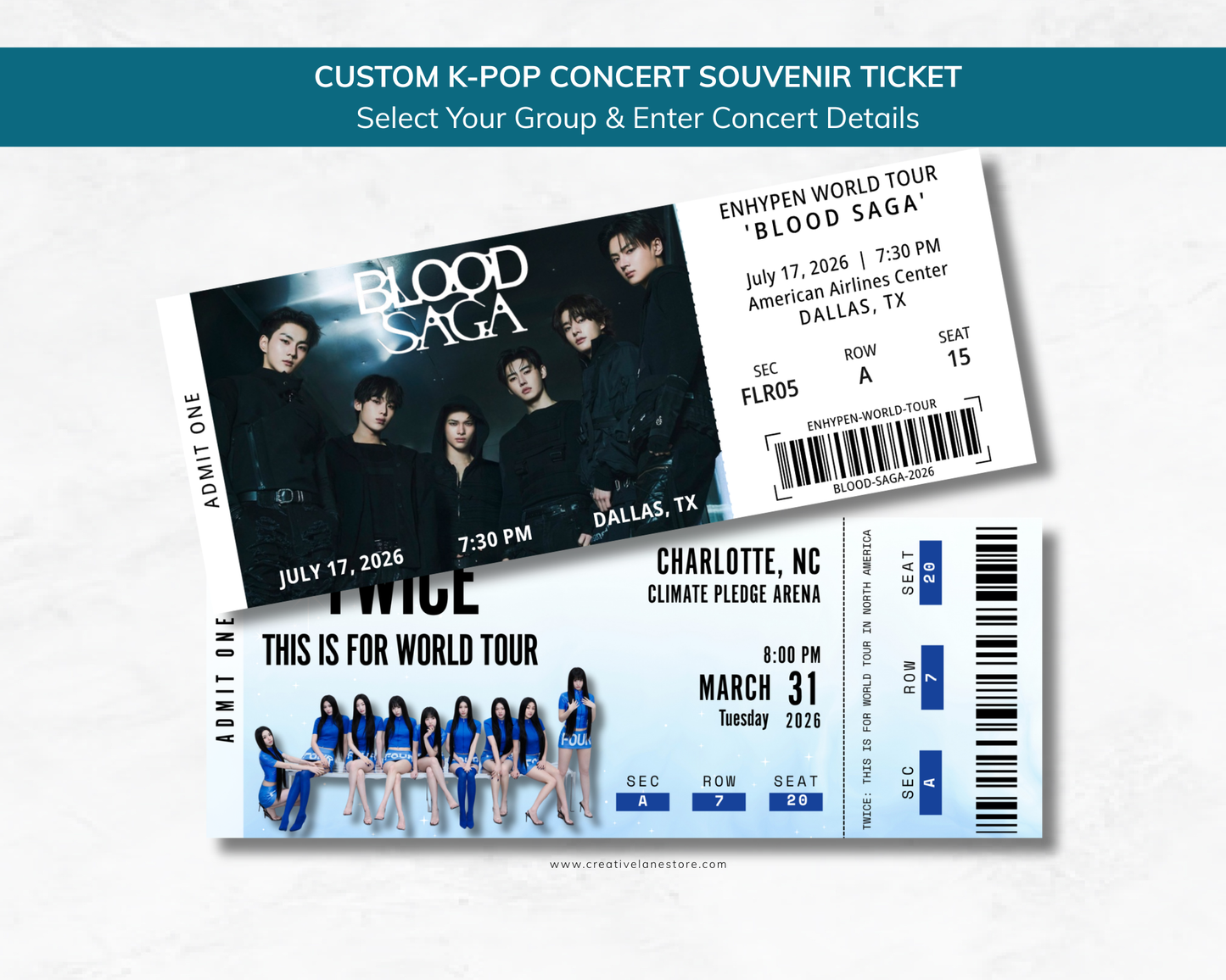 Two K-pop concert tickets for ENHYPEN and TWICE on a white background with text.