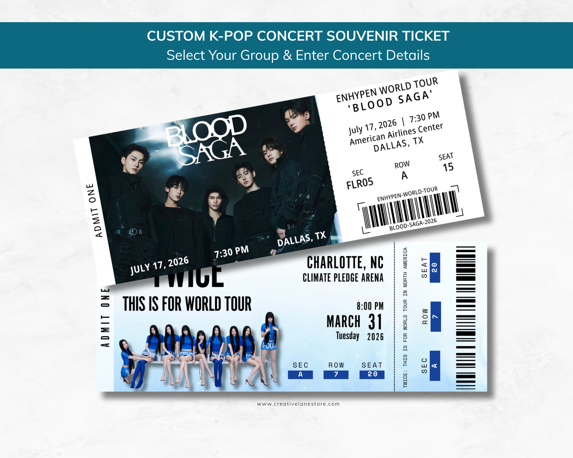 Two K-pop concert tickets for ENHYPEN and TWICE on a white background with text.