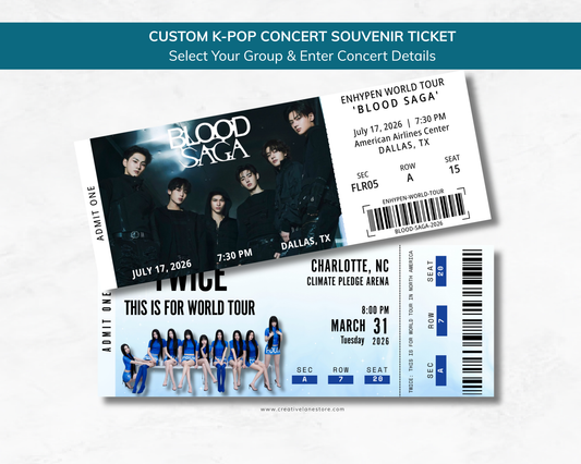 Two K-pop concert tickets for ENHYPEN and TWICE on a white background with text.