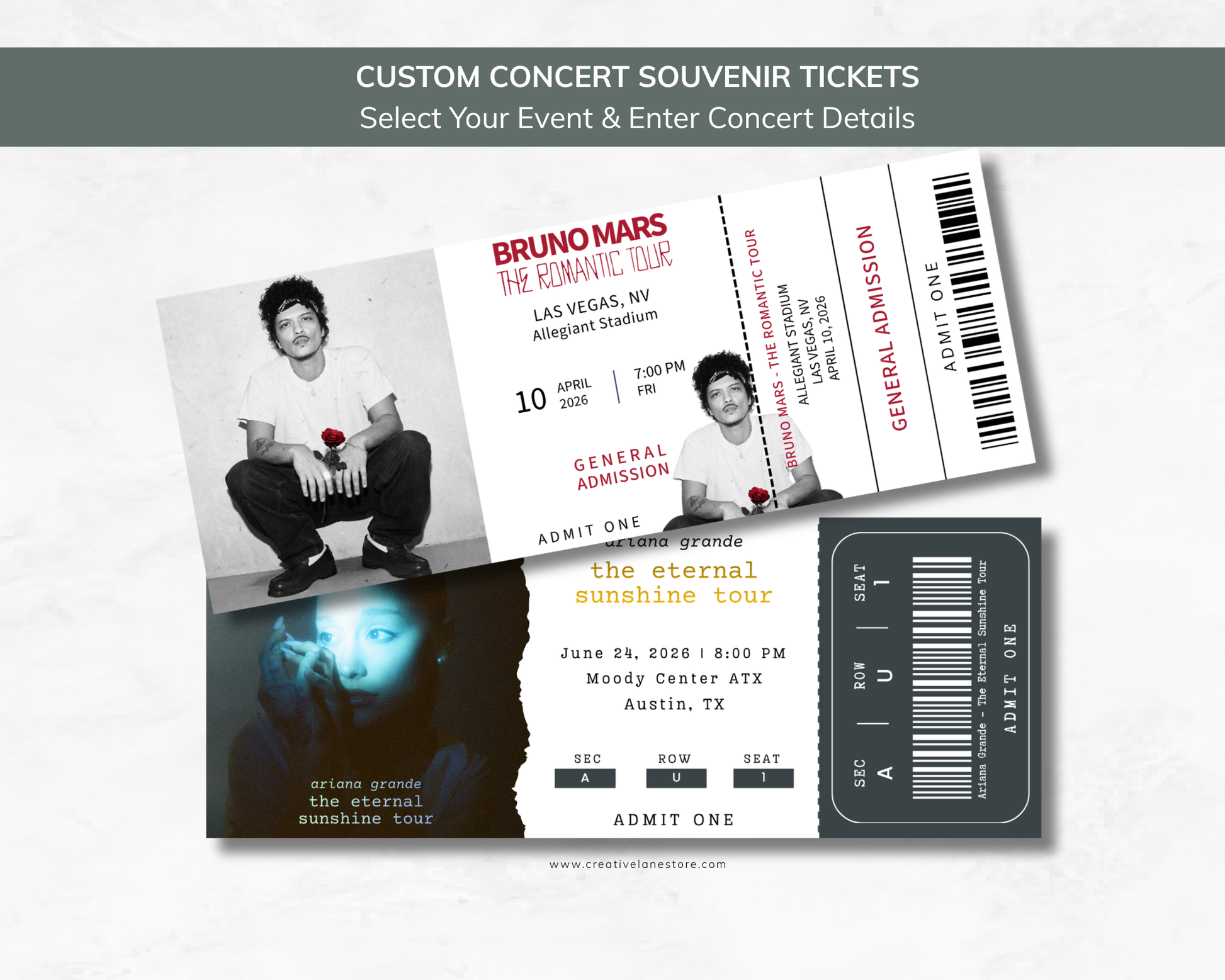 Two concert tickets on white background