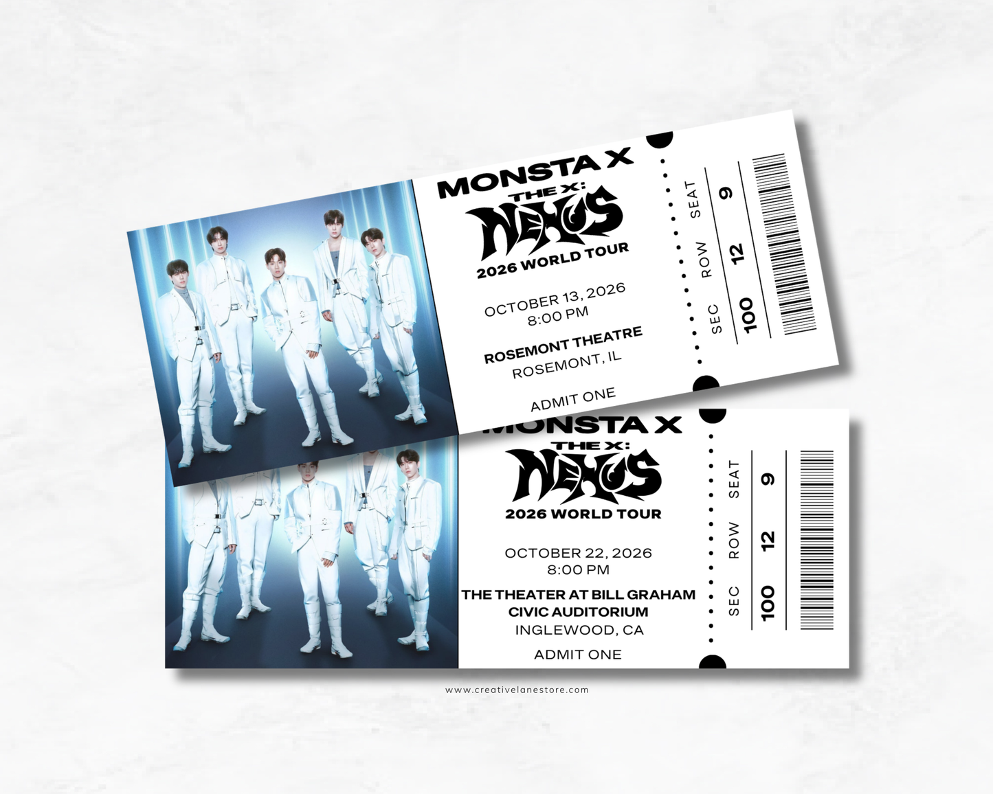 Two overlapping concert ticket designs for MONSTA X The 11th World Tour, displayed on a light textured background. The tickets feature a white right side with event details, seat numbers, and barcodes, and a left side with a group photo of the members in white outfits.