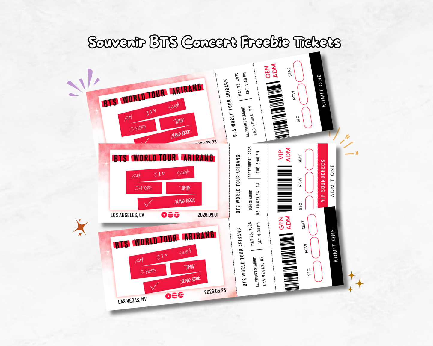 Four BTS concert tickets on a white background with text 'Souvenir BTS Concert Freebie Tickets'.