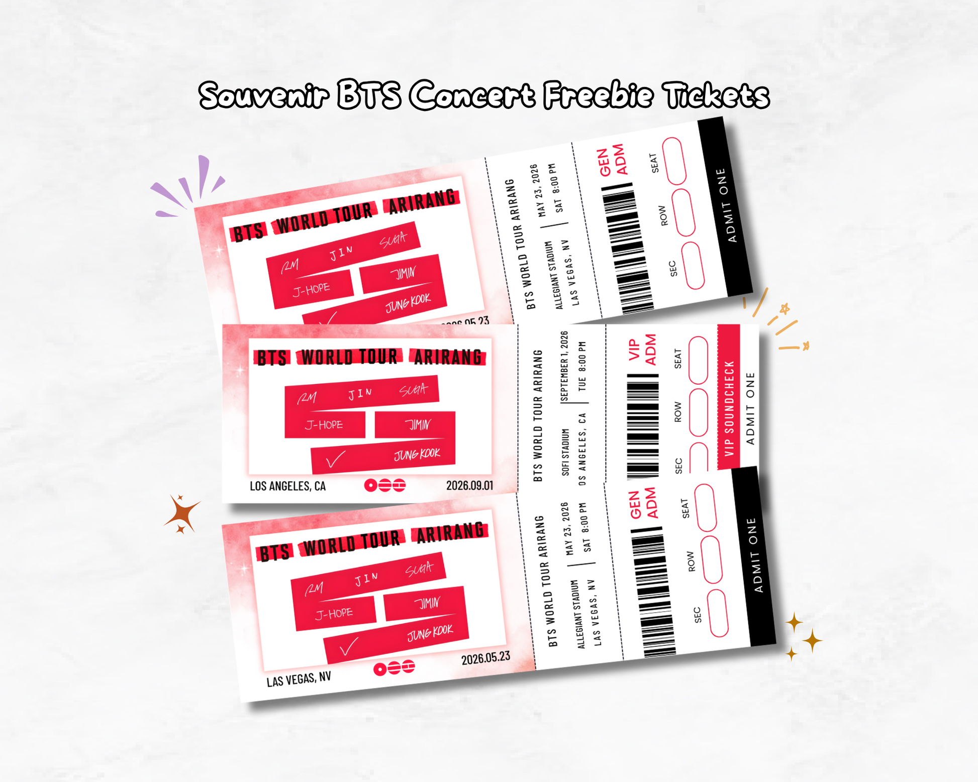 Four BTS concert tickets on a white background with text 'Souvenir BTS Concert Freebie Tickets'.