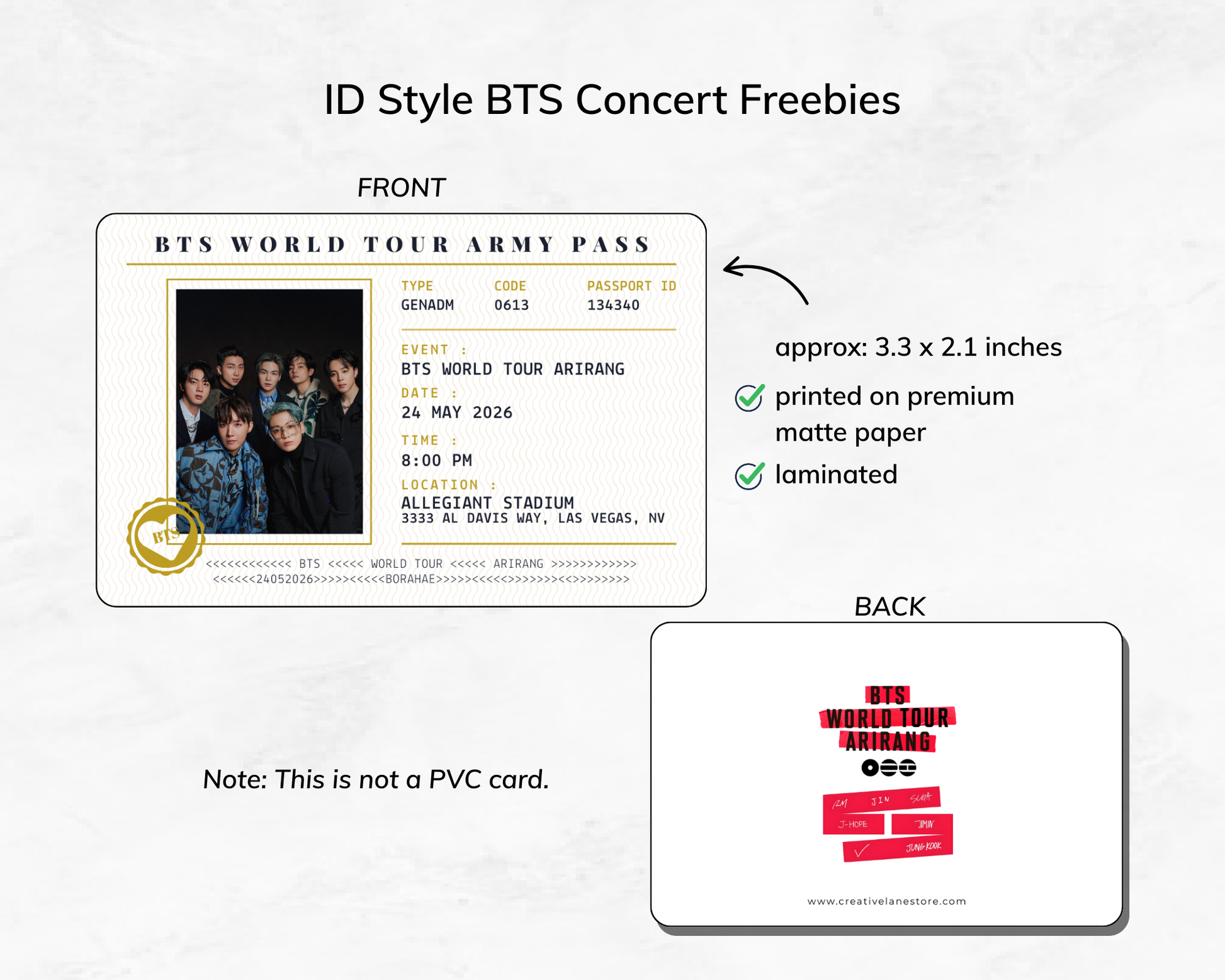 BTS World Tour Army Pass with front and back views on a white background