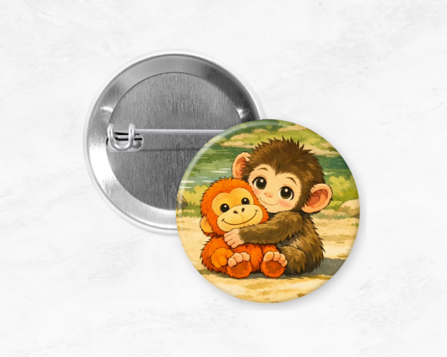 Button badge with illustration of two monkeys hugging on a natural background