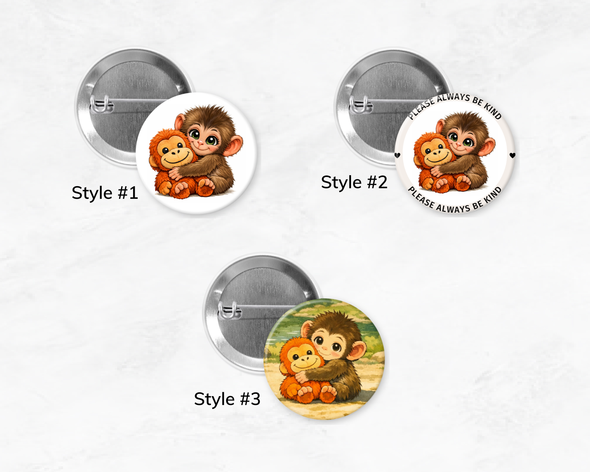 Three buttons with cartoon monkey designs on a white background