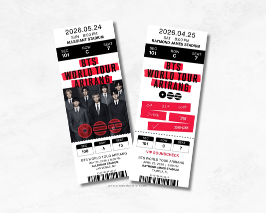 Two concert tickets for BTS World Tour Arirang at different stadiums with event details.