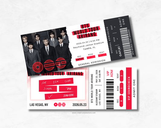 BTS concert ticket design with event details on a white background