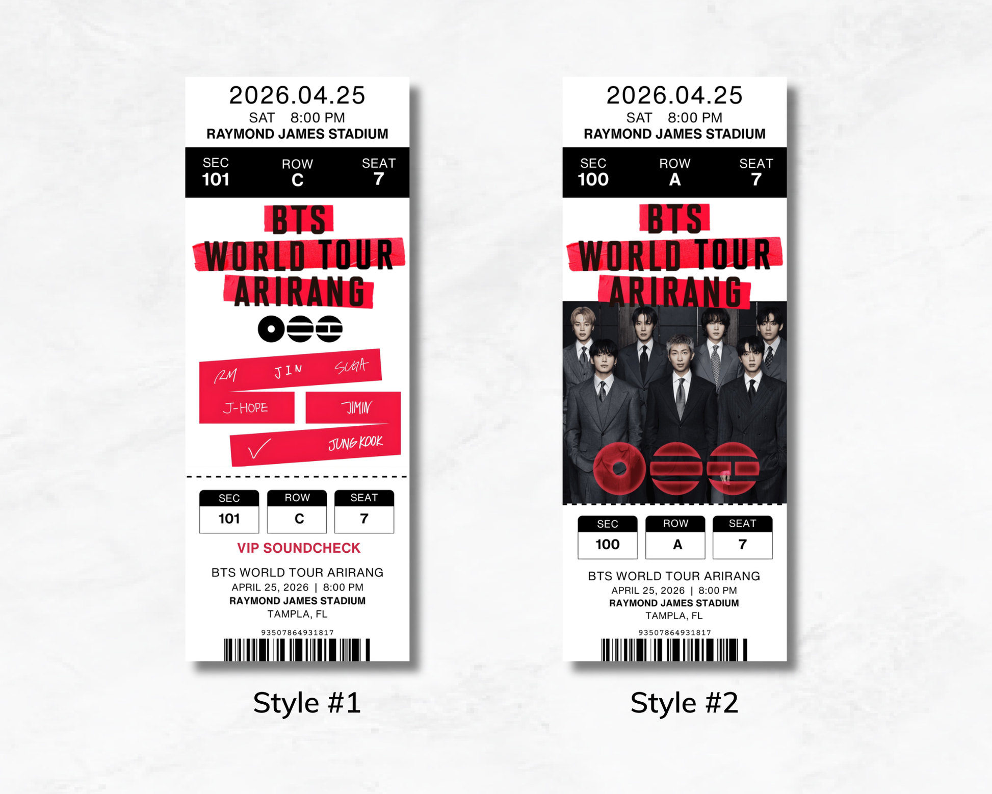 Two BTS concert tickets for 'World Tour Arirang' on a white background