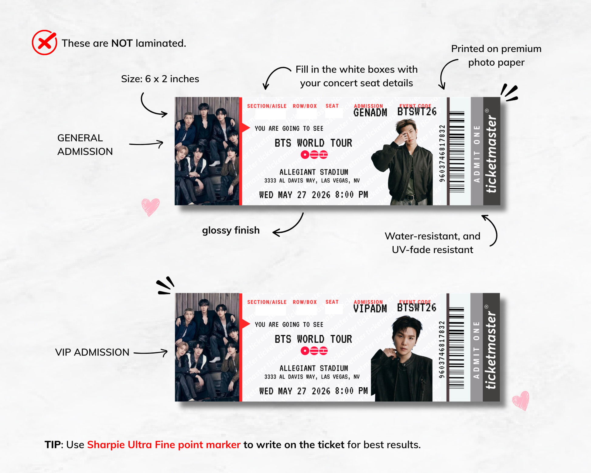 BTS concert ticket design with features and usage instructions on a white background