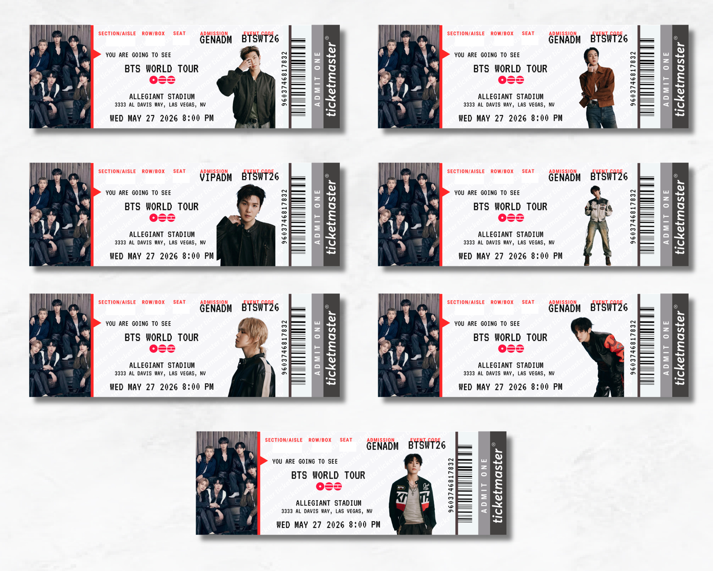 Multiple BTS concert tickets with various members displayed on a white background