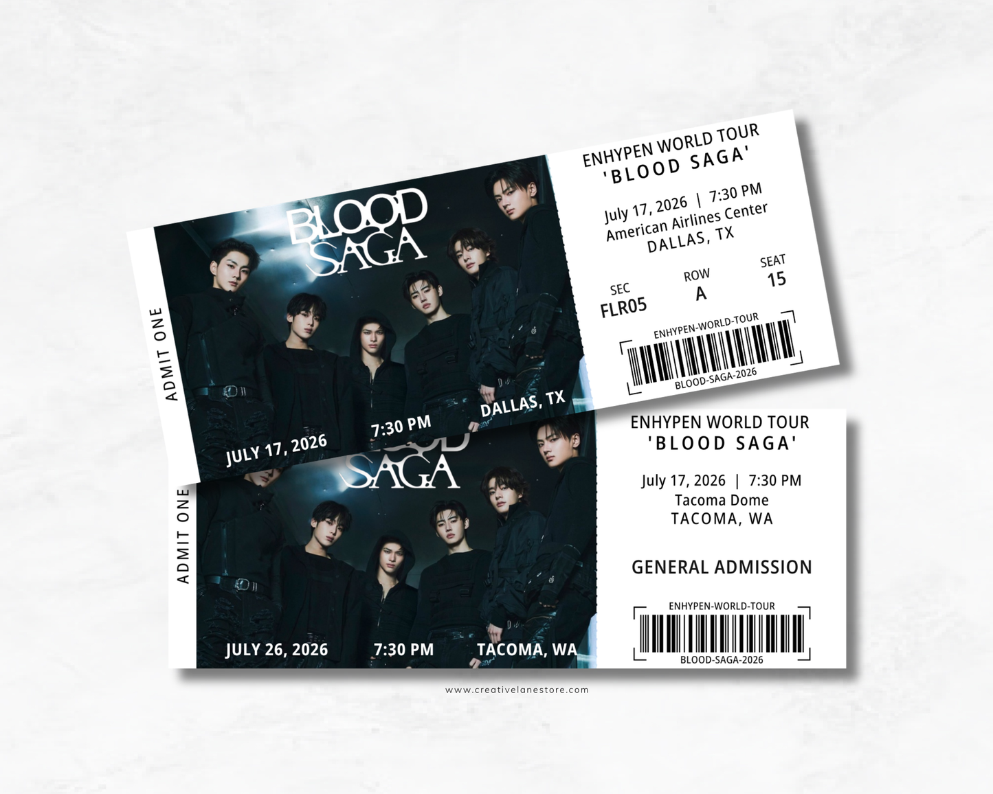 Two concert tickets for ENHYPEN World Tour 'Blood Saga' on a white background