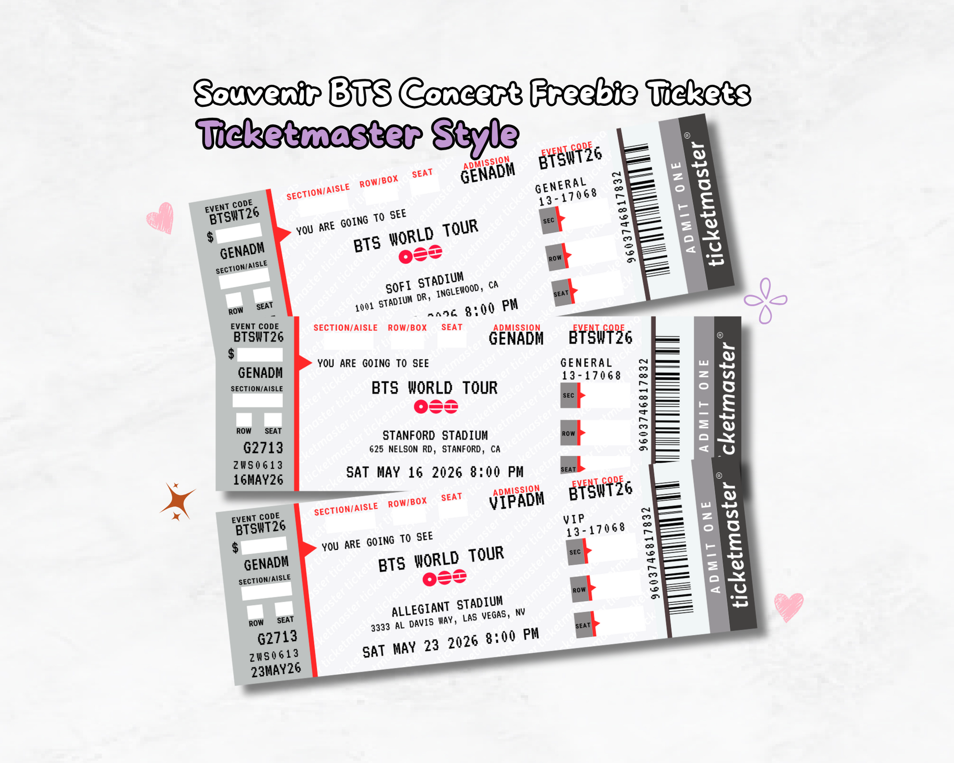 Souvenir BTS concert freebie tickets with Ticketmaster style on a white background