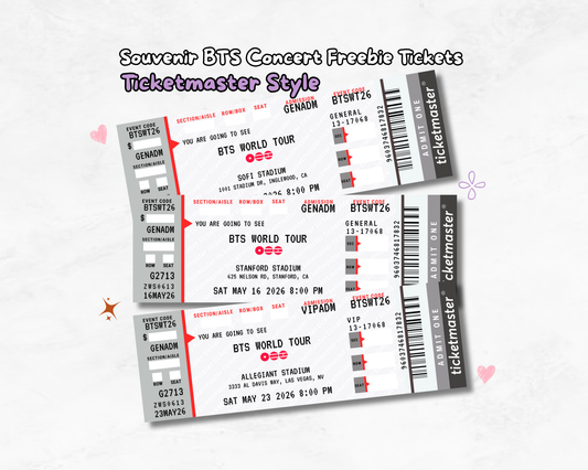 Souvenir BTS concert freebie tickets with Ticketmaster style on a white background
