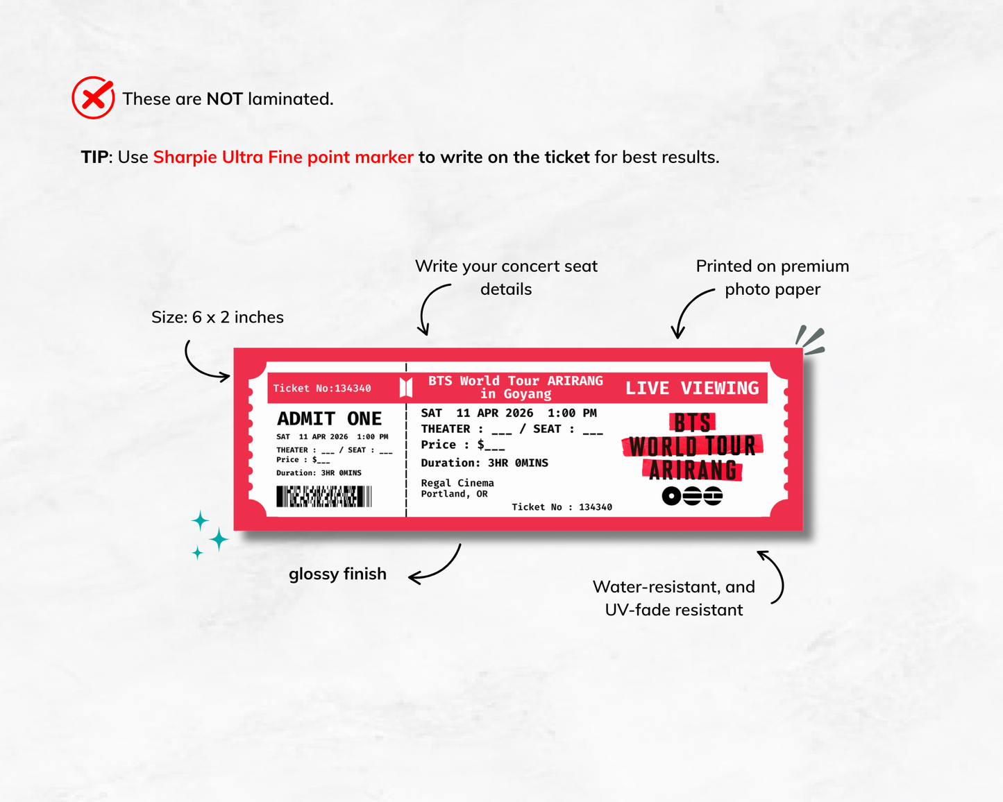 Photo of a concert ticket with features highlighted on a white background