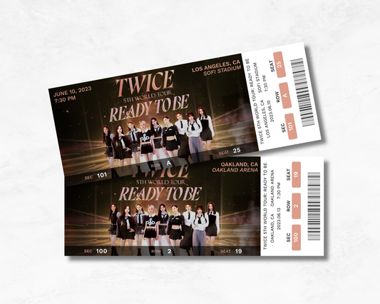 Two concert tickets for TWICE's '5th World Tour READY TO BE' on a light gray background