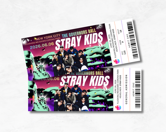 Two concert tickets for Stray Kids at The Governors Ball on a white background