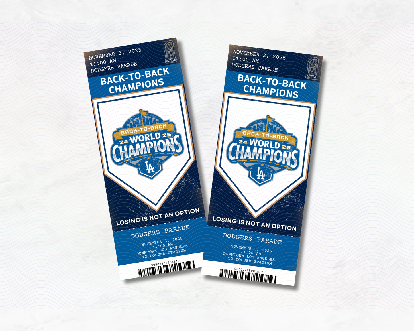 Two Dodgers parade tickets on a white background