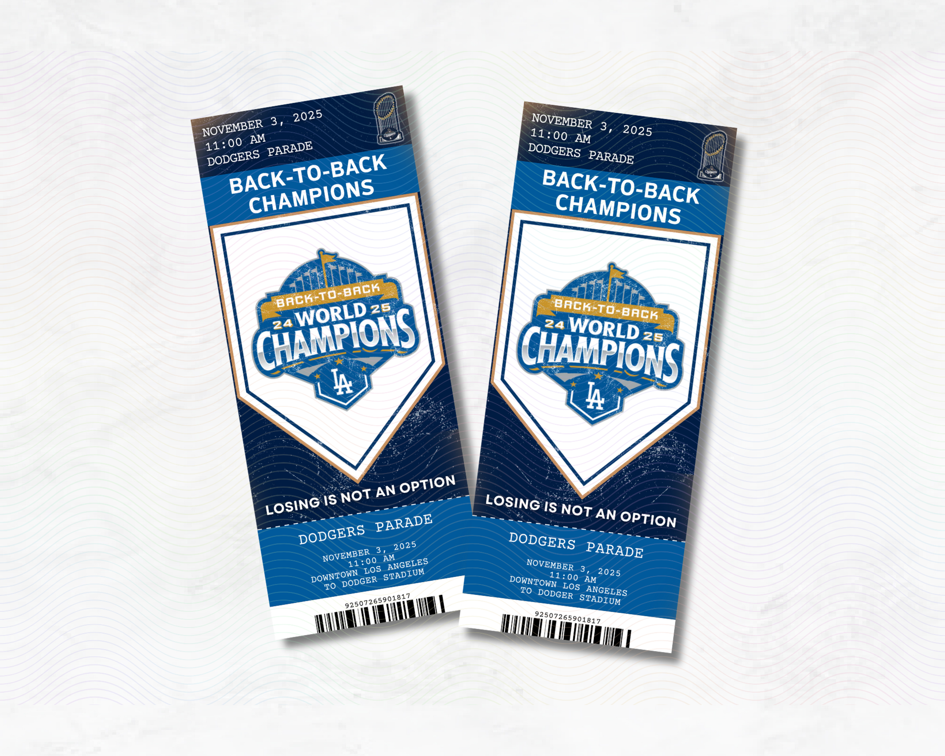 Two Dodgers parade tickets on a white background