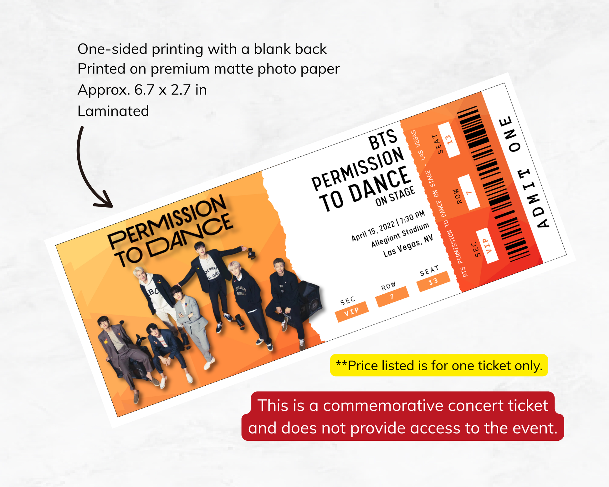 Commemorative concert ticket for BTS 'Permission to Dance' with details on a white background