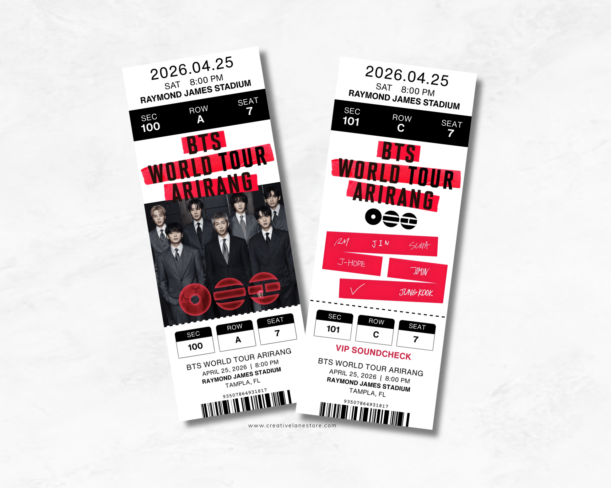 Two concert tickets for BTS World Tour Arirang at different stadiums with event details.