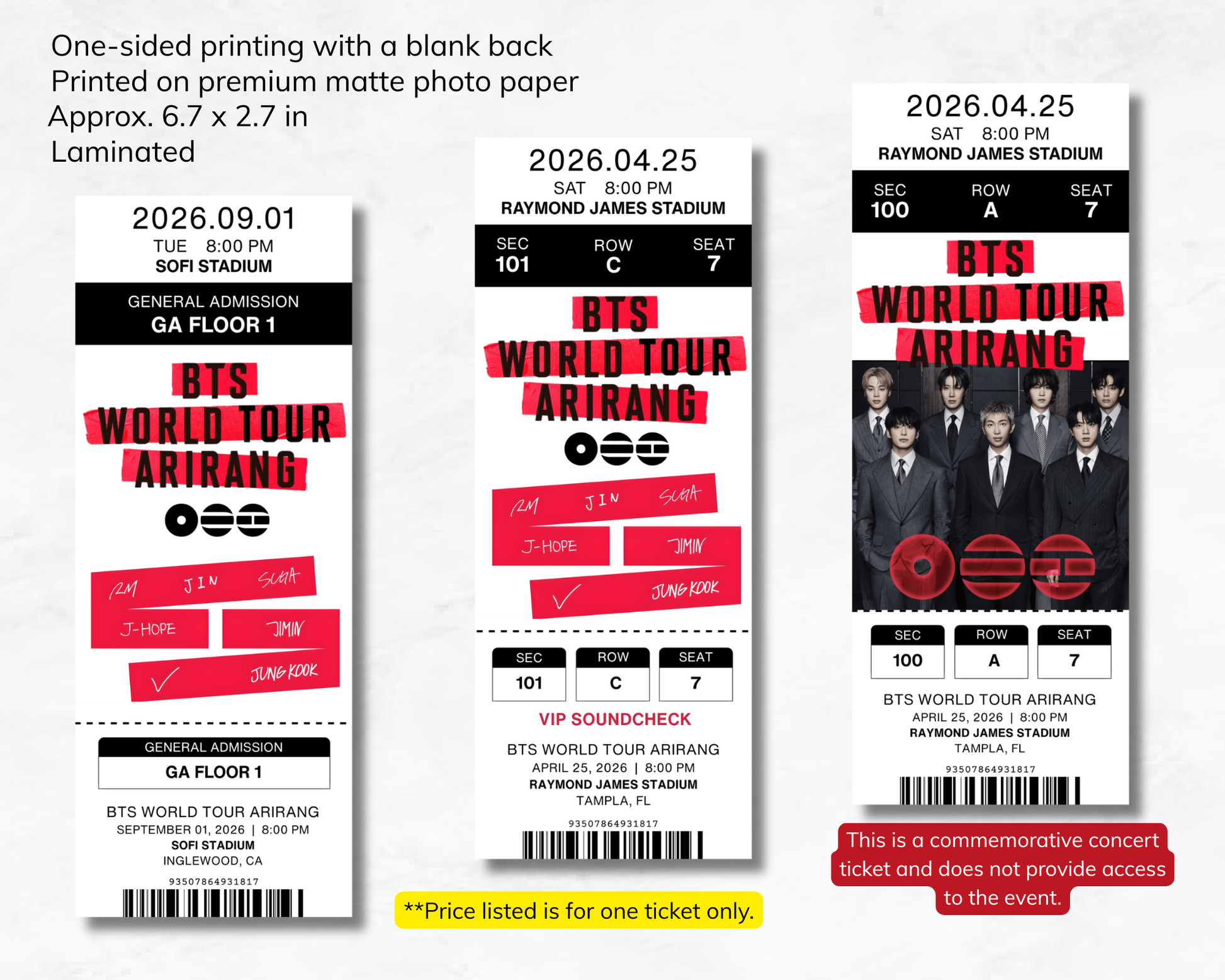 BTS World Tour Arirang concert ticket design with text and graphics on a white background